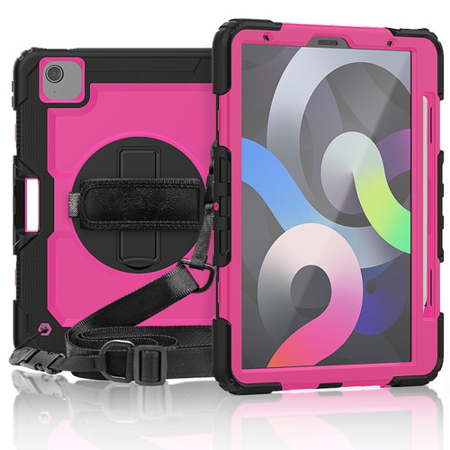 Shockproof Colorful Silicone + PC Protective Case with Holder & Shoulder Strap & Hand Strap & Pen Slot iPad Air 2022 / 2020 10.9  - Black Rose Red