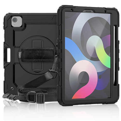 Shockproof Colorful Silicone + PC Protective Case with Holder & Shoulder Strap & Hand Strap & Pen Slot iPad Air 2022 / 2020 10.9  - Black