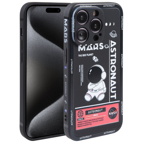 iPhone 15 Pro Max Astronaut Pattern Silicone Straight Edge Phone Case - Mars Astronaut-Black