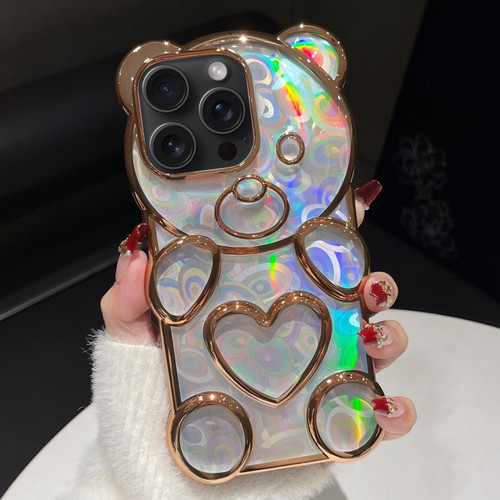 iPhone 15 Pro Max Bear Shape Electroplated Laser TPU Phone Case - Gold