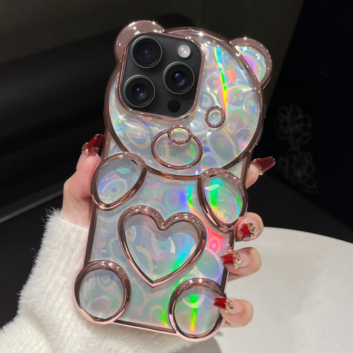 iPhone 15 Pro Max Bear Shape Electroplated Laser TPU Phone Case - Pink