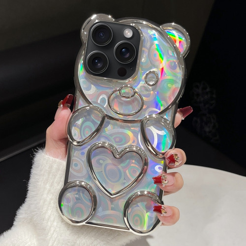 iPhone 15 Pro Max Bear Shape Electroplated Laser TPU Phone Case - Silver