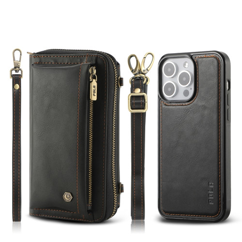 iPhone 15 Pro Max Crossbody Multi-functional Zipper Wallet Leather Phone Case - Black