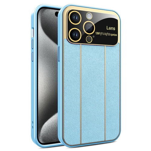 iPhone 15 Pro Max Electroplating Litchi Grain Large Window Phone Case - Blue