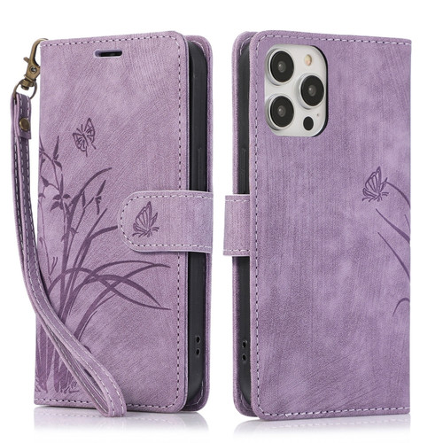 iPhone 15 Pro Orchid Butterfly Embossed Leather Phone Case - Purple