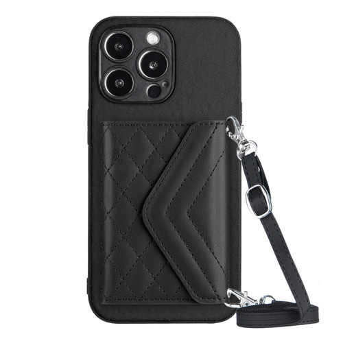 iPhone 15 Pro Rhombic Texture Card Bag RFID Phone Case with Long Lanyard - Black