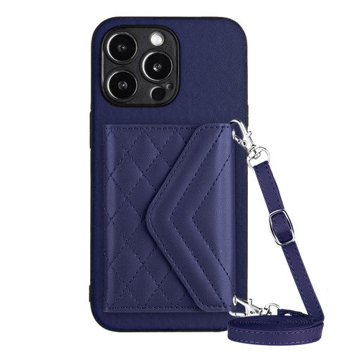 iPhone 15 Pro Rhombic Texture Card Bag RFID Phone Case with Long Lanyard - Dark Purple