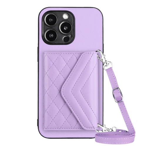 iPhone 15 Pro Rhombic Texture Card Bag RFID Phone Case with Long Lanyard - Light Purple