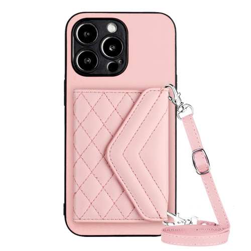 iPhone 15 Pro Rhombic Texture Card Bag RFID Phone Case with Long Lanyard - Rose Gold