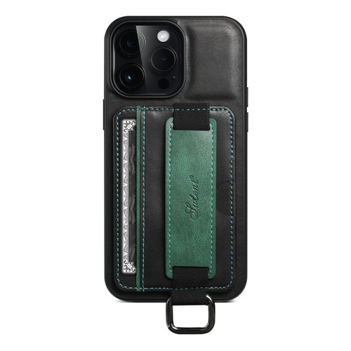 iPhone 15 Pro Suteni H13 Card Wallet Wrist Strap Holder PU Phone Case - Black