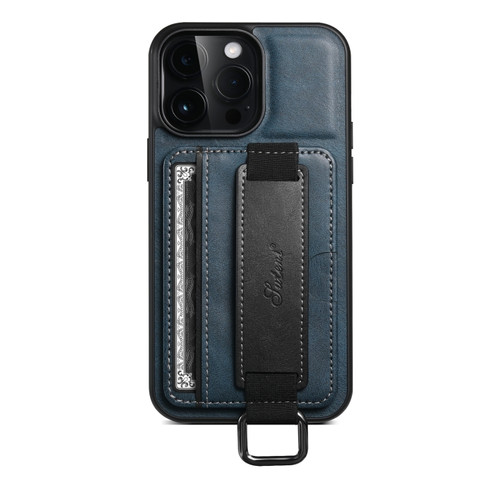 iPhone 15 Pro Suteni H13 Card Wallet Wrist Strap Holder PU Phone Case - Blue