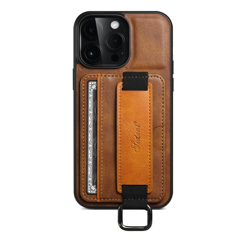 iPhone 15 Pro Suteni H13 Card Wallet Wrist Strap Holder PU Phone Case - Brown