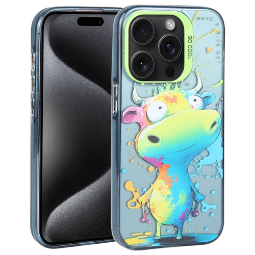 iPhone 15 Pro Max Animal Pattern Oil Painting Series PC + TPU Phone Case - Colorful Cattle