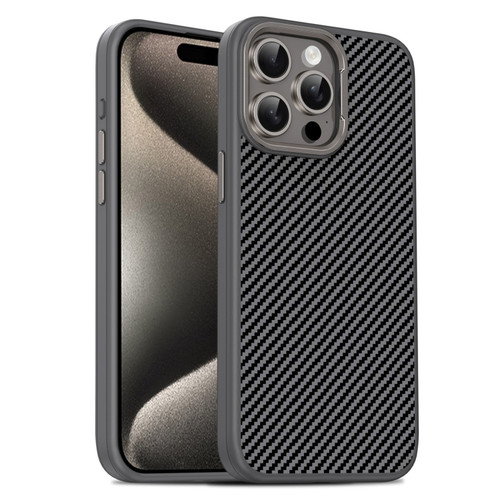 iPhone 15 Pro Max Carbon Fiber Textured Oil Spray PC + TPU Phone Case - Grey