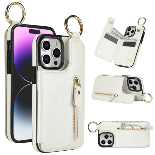 iPhone 15 Pro Max Litchi Texture Zipper Double Buckle Card Bag Phone Case - White