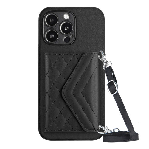 iPhone 15 Pro Max Rhombic Texture Card Bag RFID Phone Case with Long Lanyard - Black