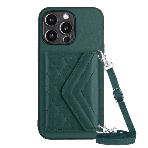 iPhone 15 Pro Max Rhombic Texture Card Bag RFID Phone Case with Long Lanyard - Green