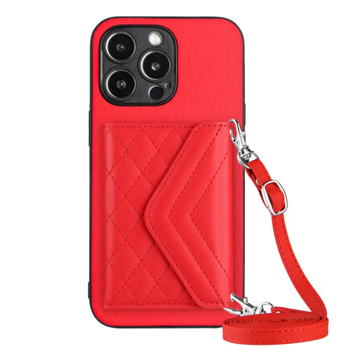 iPhone 15 Pro Max Rhombic Texture Card Bag RFID Phone Case with Long Lanyard - Red