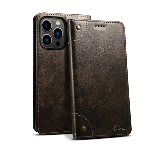 iPhone 15 Pro Max Suteni Baroque Calf Texture Buckle Wallet Leather Phone Case - Black