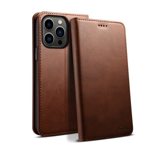 iPhone 15 Pro Max Suteni Calf Texture Horizontal Flip Leather Phone Case - Brown