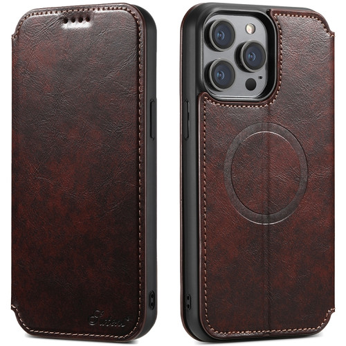 iPhone 15 Pro Max Suteni J05 Leather Magnetic Magsafe Phone Case - Brown