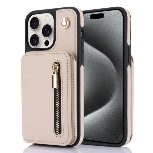 iPhone 15 Pro Max YM006 Skin Feel Zipper Card Bag Phone Case with Dual Lanyard - Apricot