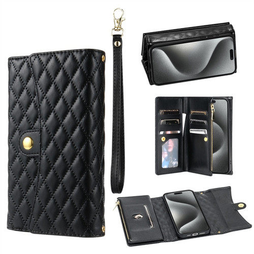 iPhone 15 Pro Max Zipper Multi-Card Wallet Rhombic Leather Phone Case - Black