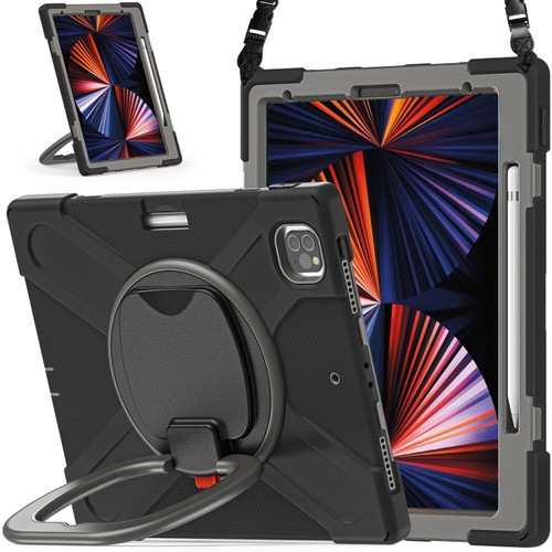 iPad Pro 12.9 2022 / 2021 Silicone + PC Protective Tablet Case with Holder & Shoulder Strap - Black+Grey