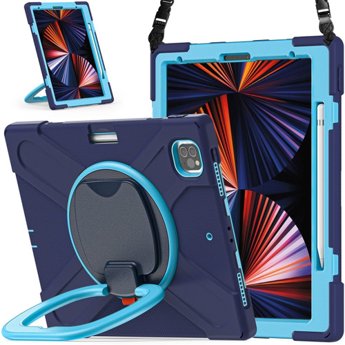 iPad Pro 12.9 2022 / 2021 Silicone + PC Protective Tablet Case with Holder & Shoulder Strap - Navy Blue + Blue