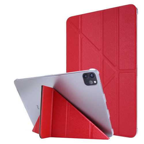 iPad Pro 12.9 2022 / 2021 Silk Texture Horizontal Deformation Flip Leather Tablet Case with Holder - Rose Red