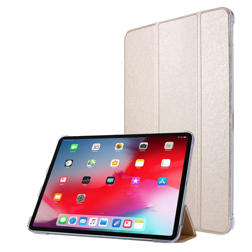 iPad Pro 12.9 2022 / 2021 Silk Texture Three-fold Horizontal Flip Leather Tablet Case with Holder & Pen Slot - Gold