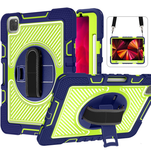 iPad Pro 11 2022 / 2021 / 2020 / 2018 / Air 2020 10.9 360-Rotation Contrast Color Shockproof Silicone PC Tablet Case with Holder & Hand Grip Strap & Shoulder Strap  - Navy+Yellow Green