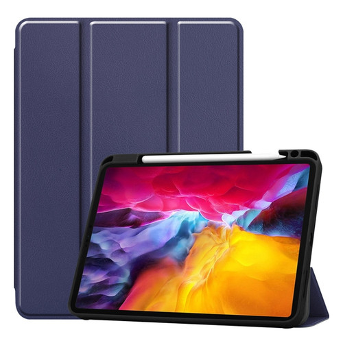 iPad Pro 11 2022 / 2021 / 2020 ENKAY 3-Folding Shockproof TPU Cover Custer Texture PU Leather Tablet Case with Pencil Slot & Holder & Sleep / Wake-up Function - Dark Blue