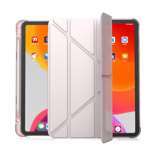iPad Pro 11 2022 / 2021 / 2020 Multi-folding Horizontal Flip PU Leather + TPU Aitbag Shockproof Half Paste Tablet Case with Holder & Pen Slot & Sleep / Wake-up Function - Cherry Pink