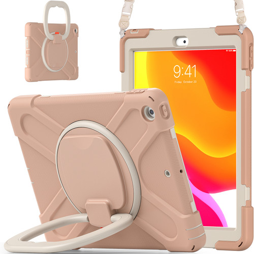 Apple iPad 10.2 2021 / 2020 / 2019 Contrast Color Silicone + PC Protective Case with Holder & Shoulder Strap - Rose Gold