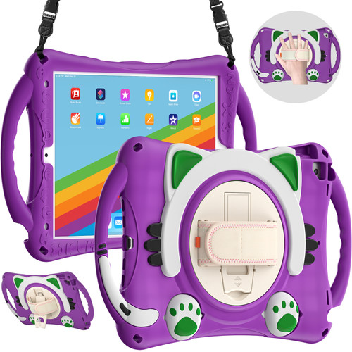 Cute Cat King Kids Shockproof Silicone Tablet Case with Holder & Shoulder Strap & Handle iPad 10.2 2021 / 2020 / 2019 / Pro 10.5 / Air 10.5 - Purple