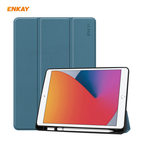 iPad 10.2 2021 / 2020 / 2019 ENKAY ENK-8016 PU Leather + TPU Smart Case with Pen Slot - Blackish Green