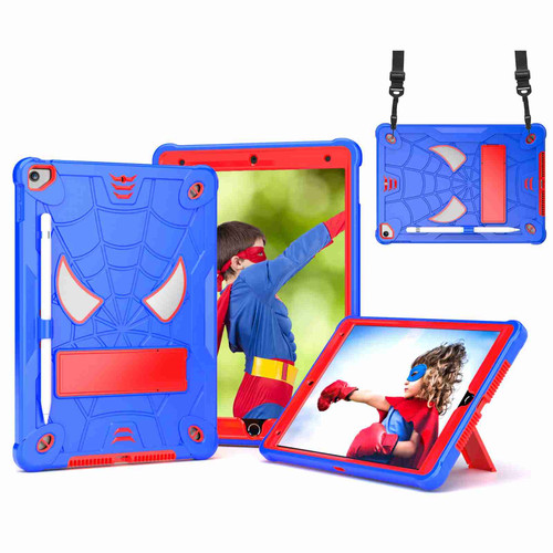 iPad 10.2 2021 / 2020 / 2019 Spider Texture Silicone Hybrid PC Tablet Case with Shoulder Strap - Blue + Red