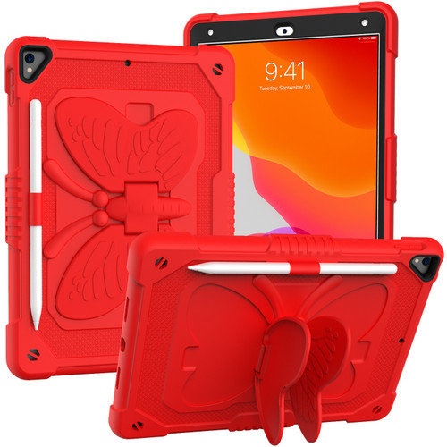 Pure Color PC + Silicone Anti-drop Protective Case with Butterfly Shape Holder & Pen Slot iPad 10.2 2021 & 2020 & 2019 / Air 3 10.5 inch - Red