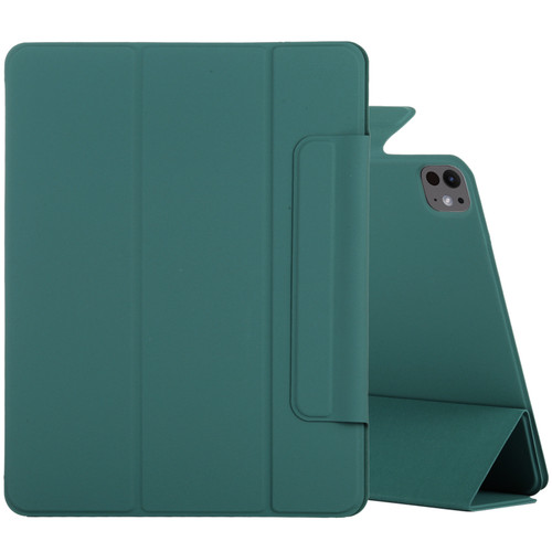 iPad Pro 13 2024 Double-sided Clip Fixed Buckle Magnetic PU Leather Smart Tablet Case - Dark Green