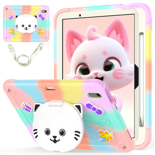 iPad Air 11 2024 Cat Holder Silicone Hybrid PC Tablet Case with Strap - Colorful Rose Gold