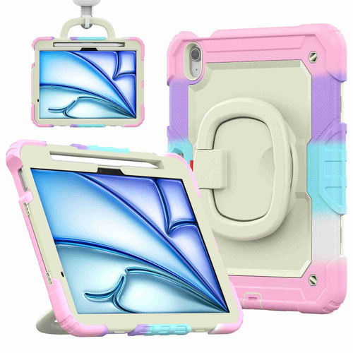 iPad Air 11 2024 Handle Silicone Hydric PC Tablet Case with Shoulder Strap - Rainbow Pink