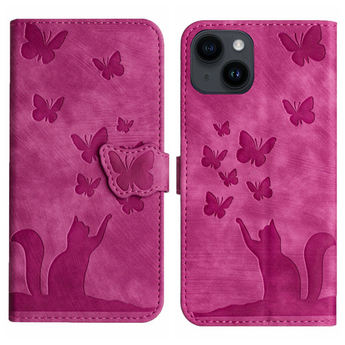 iPhone 14 Plus Butterfly Cat Embossing Flip Leather Phone Case - Pink