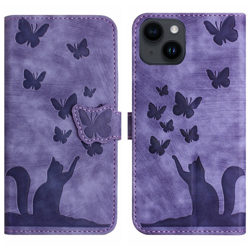 iPhone 14 Plus Butterfly Cat Embossing Flip Leather Phone Case - Purple