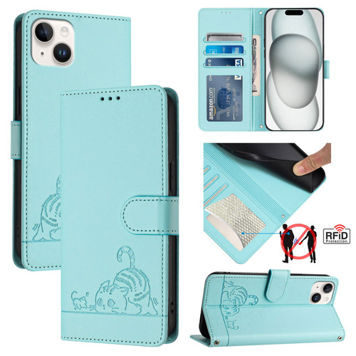 iPhone 14 Plus Cat Rat Embossed Pattern RFID Leather Phone Case with Lanyard - Mint Green