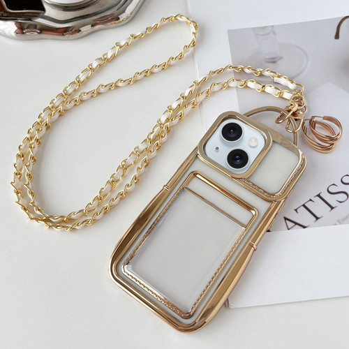 iPhone 14 Plus Electroplated Clear Card Slot TPU Phone Case with Crossbody Chain - Gold