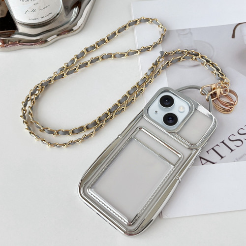 iPhone 14 Plus Electroplated Clear Card Slot TPU Phone Case with Crossbody Chain - Silver