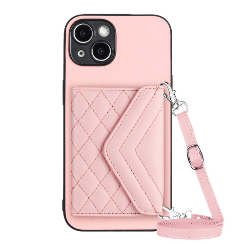 iPhone 14 Plus Rhombic Texture Card Bag RFID Phone Case with Long Lanyard - Rose Gold