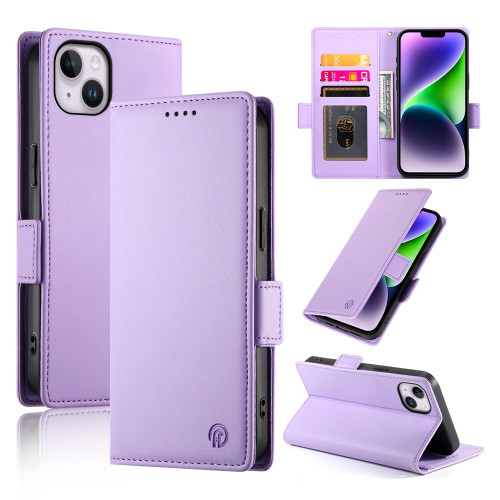 iPhone 14 Plus Side Buckle Magnetic Frosted Leather Phone Case - Purple