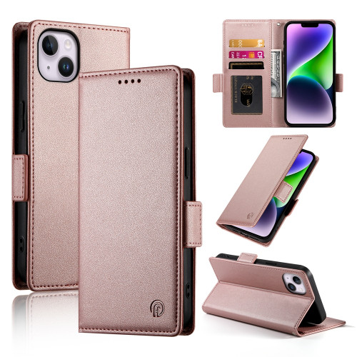 iPhone 14 Plus Side Buckle Magnetic Frosted Leather Phone Case - Rose Gold